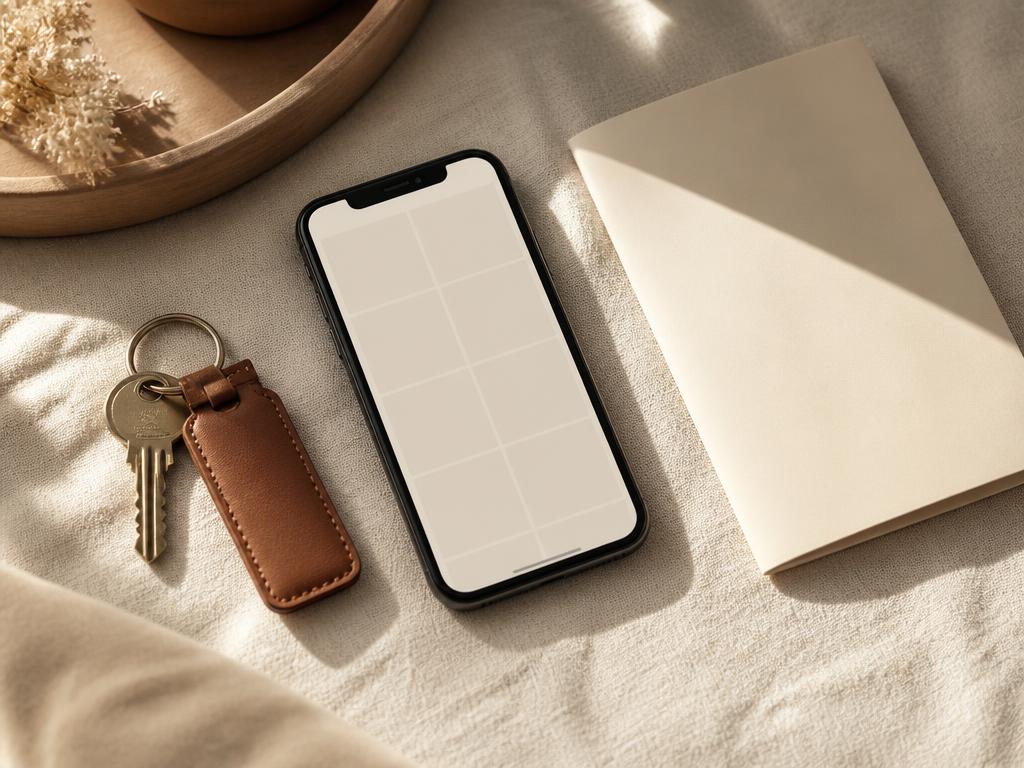 Phone, keys and property documents arranged on linen in morning light